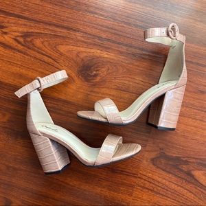 Qupid Nude Croc-Embossed Block Heel Sandals